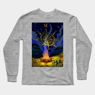 Campfire and night sky with compass Long Sleeve T-Shirt